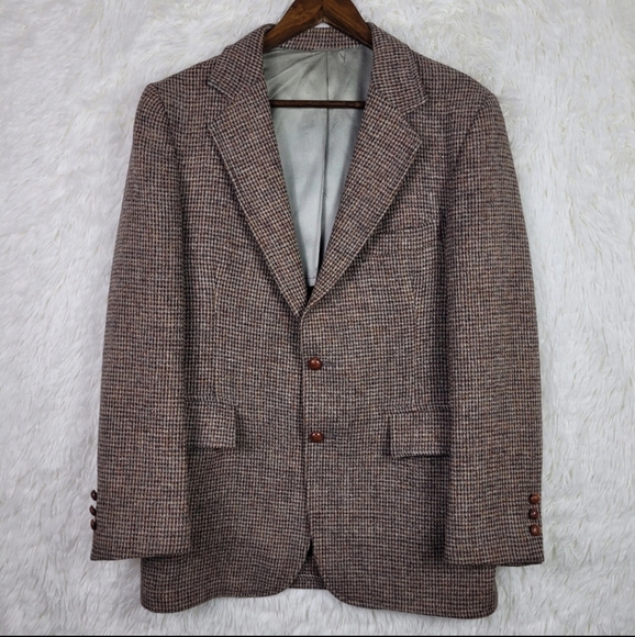 Vtg 38S Harris Tweed Multicolor Houndstooth Scottish Wool Half Lined Sport Coat - Picture 1 of 15